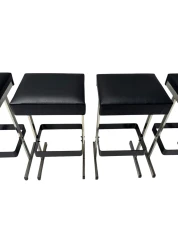 Four Mid-Century Modern Bar Stools with Black Leather Seats, 1970s